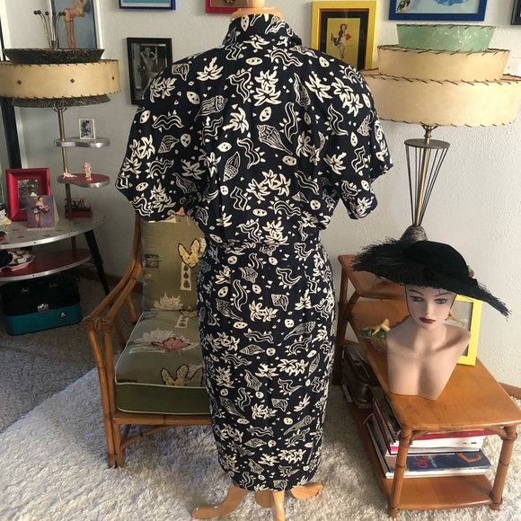 SOLD Vintage 1940s Style Dress Shell Novelty Print Blue M L PinUp Rockabilly - Picture 7 of 7